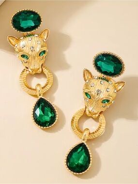 New! Classic Panther Drop Earrings with Emerald Green Stones